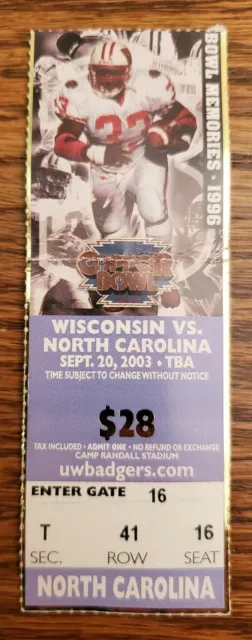 Wisconsin Badgers North Carolina Football Ticket Stub 9/20 2003 Ron Dayne Photo
