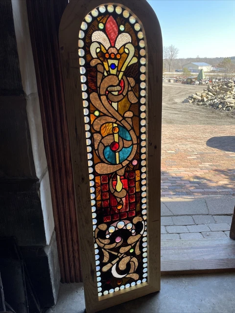 SG3666 Collector Grade Antique And Jeweled Stained Glass Window 15 X 52.75