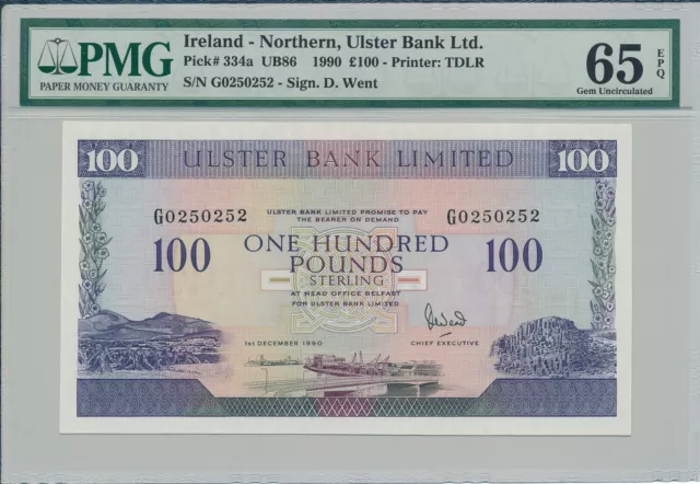 Ulster Bank Ltd. Ireland  100 Pounds 1990 S/No 0250252 PMG  65EPQ