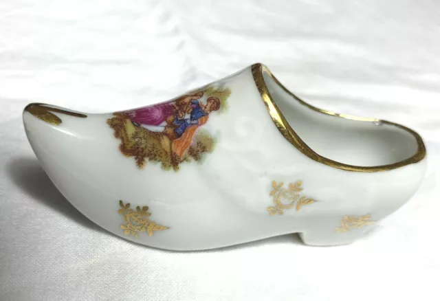 French Limoges Miniature Porcelain Shoe ~ Courting Couple ~ Guilt Details