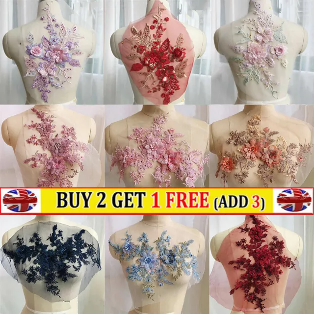 3D Flowers Lace Embroidery Applique Pearl Beaded Tulle Wedding Bridal Dress DIY