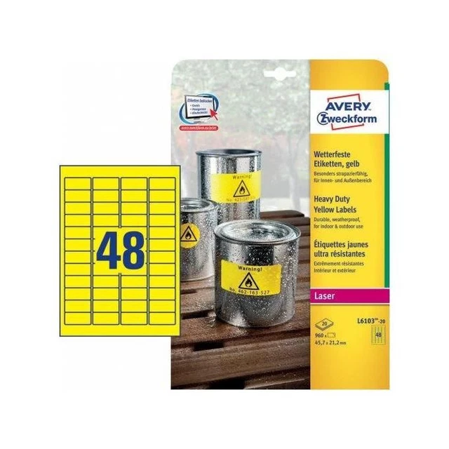 Etichette Stampante L6103-20 Avery Etiche. Poliestere 45 7x21 2 Gialle