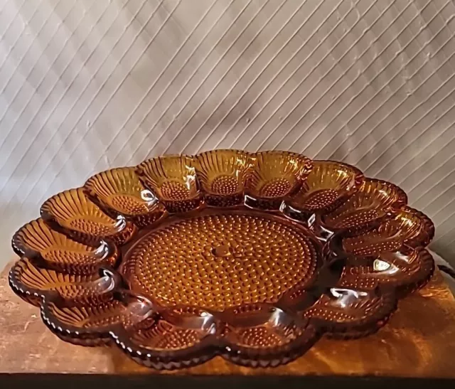 Vintage Indiana Glass Amber Hobnail Deviled Egg Plate charcuterie platter mcm