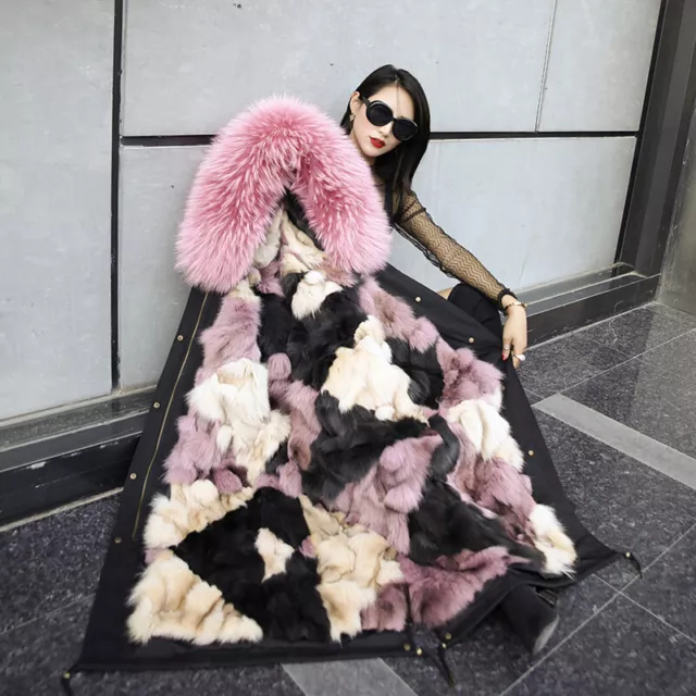 Womens Mink Fur Collar Real Fox Fur Lined Parka Coat Overcoat Winter Jacket Warm