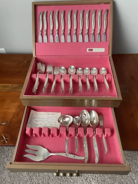1847 Rogers Bros Leilani 73 Piece Silverplate Flatware Set For 12;  Box W/Drawer