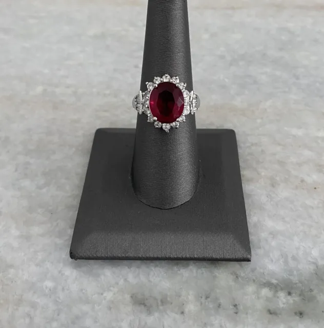 Beautiful Sterling Silver 925 Ruby Red Crystal Rhinestone Cocktail Ring Sz 7.25