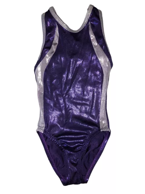 ALPHA FACTOR AERIALS Gymnastic Leotard Purple & Silver Foil Girls Child Small CS