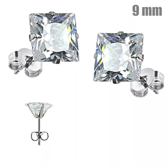 9mm - PAIR STAINLESS STEEL PRINCESS CUT 4 CT AAAAA CZ STUD EARRINGS MENS WOMENS