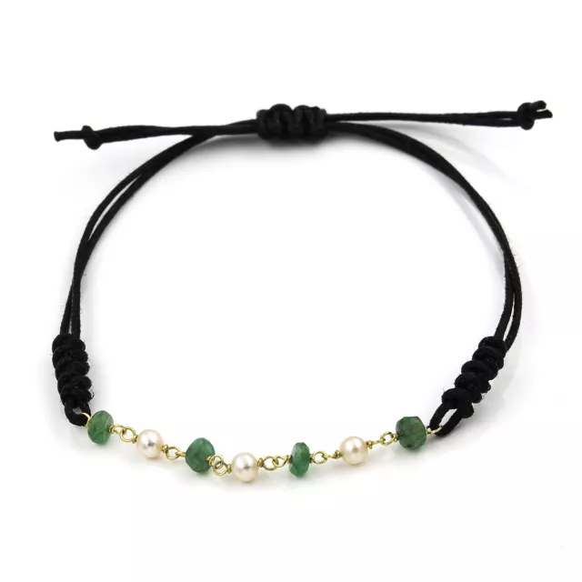 Pulsera de Cuero Negro con Esmeraldas y Perlas Akoya Complementos Joyería Moda