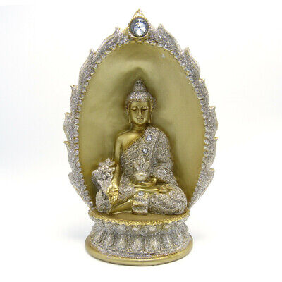 Buddha Statue with jewels and glitter, Buddhism, seated, gold color, peaceful