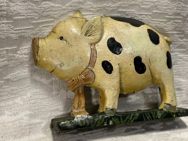 Vintage Heavy Cast Iron Pig Doorstop Black White Spotted Piggy - Farmhouse Decor