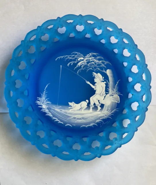 Westmoreland Blue Mary Gregory Plate  Boy Fishing  Hand Painted  Signed 1978