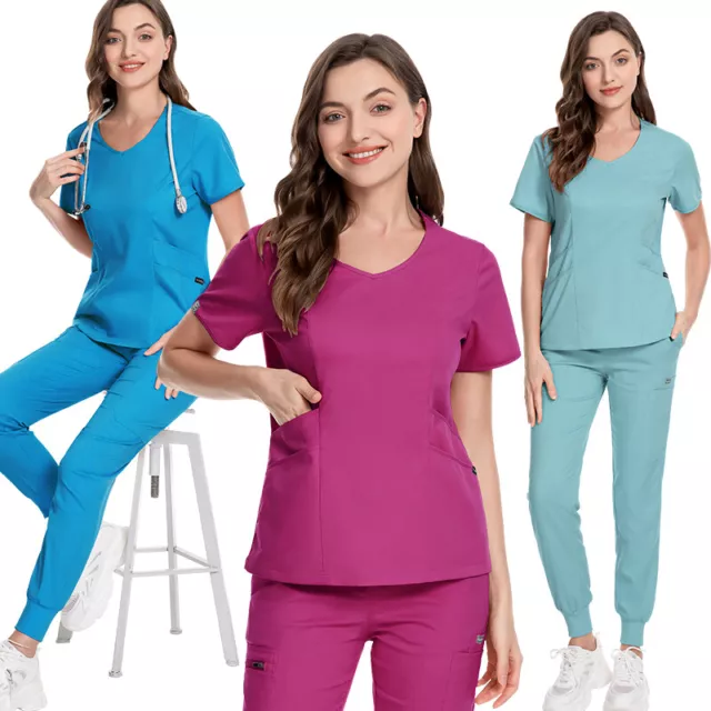 Unisex STRETCH Jogger Scrub Set Solid V-Neck Top Men Women Medical Nurse  Uniform