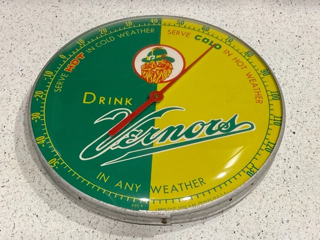 Vintage Vernor's Ginger Ale Metal & Convex Glass Advertising Thermometer Vintage Vernor's Ginger Ale Metal & Convex Glass Advertising Thermometer