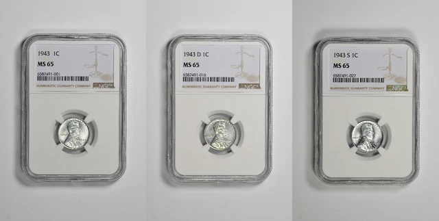 1943 P D S 1c Lincoln Steel Wheat Cent NGC MS 65 Three Coin Lot