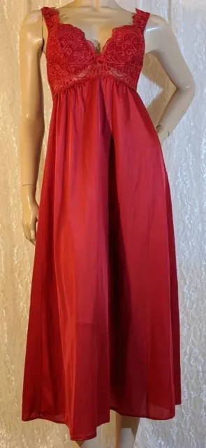 Vintage Olga Red Gently Padded Built-in Bra Lingerie Dress 48" Tall Nightgown L