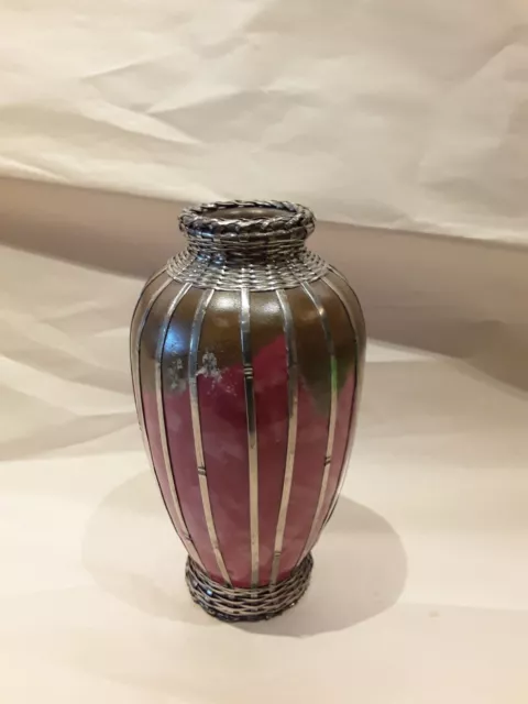 Japanese Meiji period ART Vase w/silver basket weave overlay 5" Tall 1910