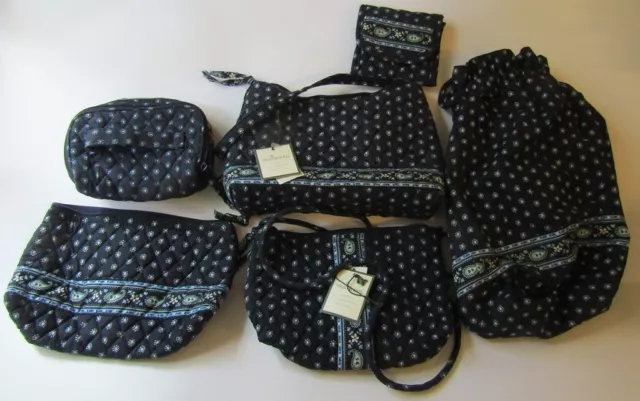 Vera Bradley Seaport Navy lot of 6: shoulder makeup bag purse wallet drawstring