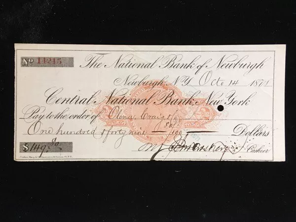 U.s. Used Check #Rnc1 1871 National Bank Of Newburgh Ny Central Natl Bank Ny
