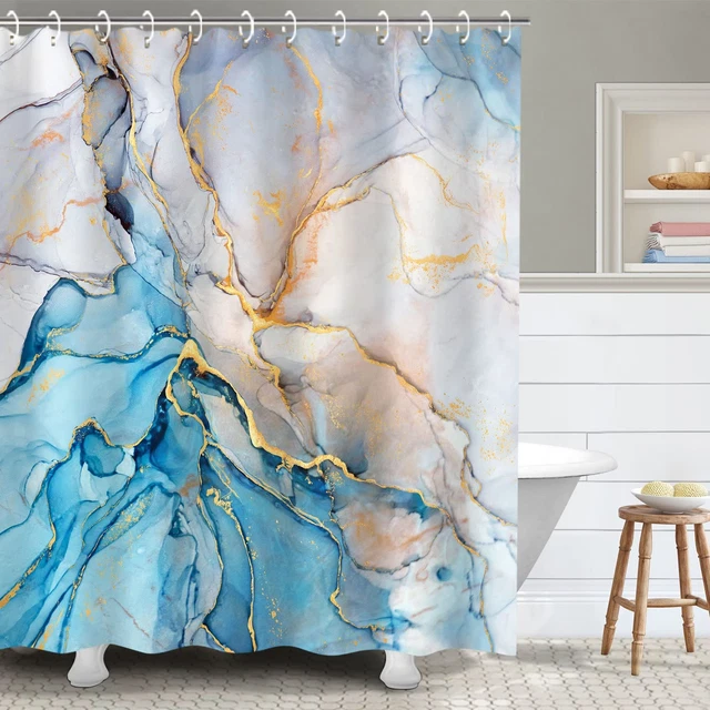 Blue Shower Curtain, Marble Shower Curtains Set with 12 Hooks, Watercolor Blue G
