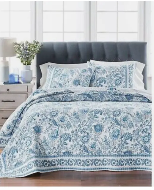 Martha Stewart Jacobean Toile Cotton King Quilt Coverlet Bedspread Blue Flower