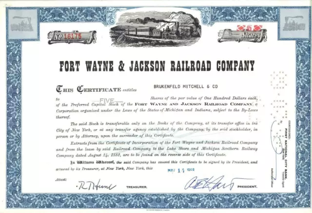 1968 Fort Wayne & Jackson Railroad - Vorzugskapitalzertifikat