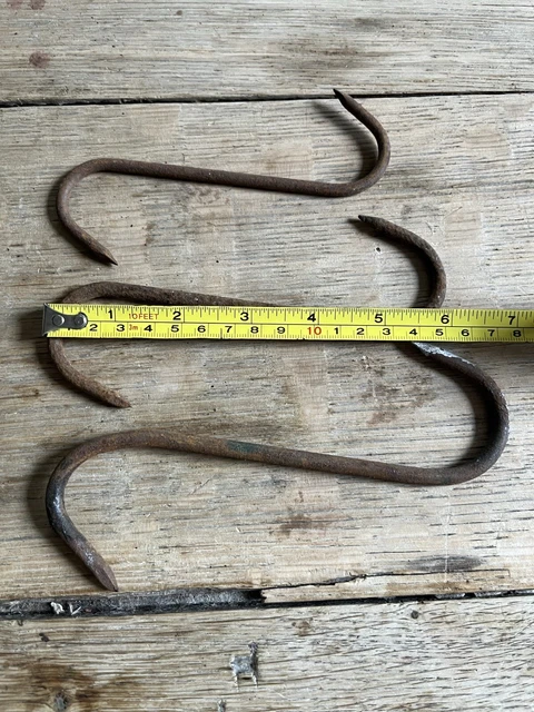 Three x Antique Wrought Iron Butchers Hooks, S Hook, Blacksmith Made 6”