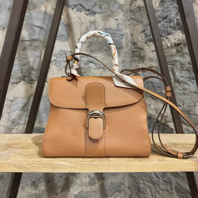 Delvaux Brillant MM Brown Handbag With Strap & Hermès Ivory Silk Twilly
