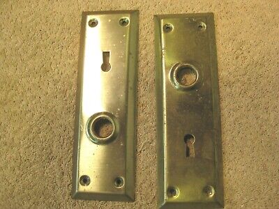2 vintage mortice lock steel door plates with key hole.