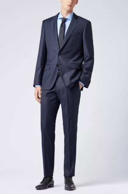 NWT Hugo Boss Mens 'Huge6/Genius5' 100% Wool Slim Fit Plaid Dark Blue Suit 42S