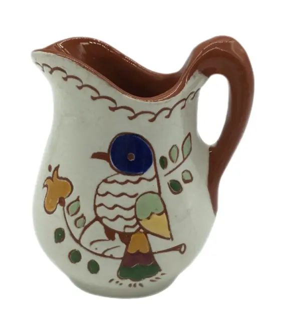 Pennsylvania Dutch Red Pottery M L Gridar 3.5" Creamer Motto Folk Art Bird VTG