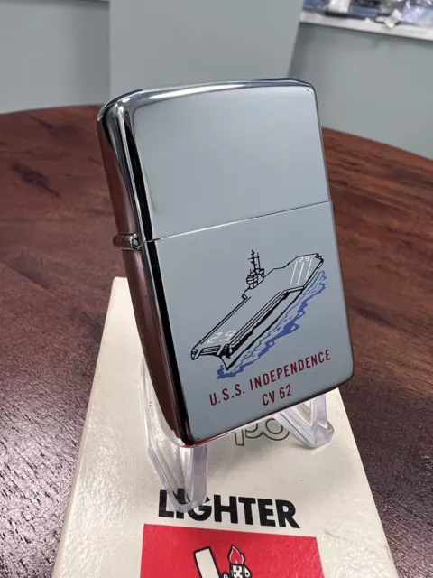 Zippo Lighter USS INDEPENDENCE CV 62 High Polish Chrome 2 Sided 1981 NEW RARE