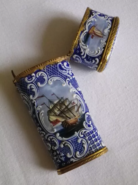 ANCIEN ETUI COFFRET NECESSAIRE PEINTURE MINIATURE EMAIL SUR CUIVRE VOILIER 18ème