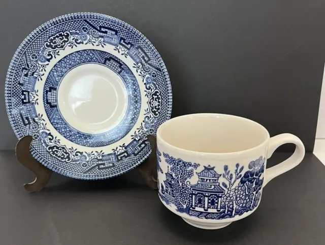 Churchill Blue Willow Tea Cup & Saucer Blue White Birds Floral Asian Oriental