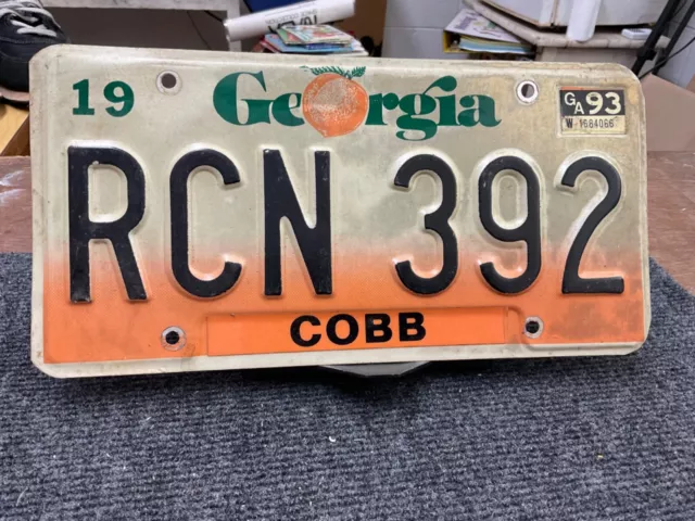 License Plate Vintage Georgia GA Cobb County RCN 392 1993 Peach Rustic