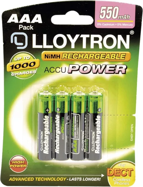 LLOYTRON AAA Rechargeable Batteries HR03 NiMH 550mAh 1.2V Phone Camera Pack of 4