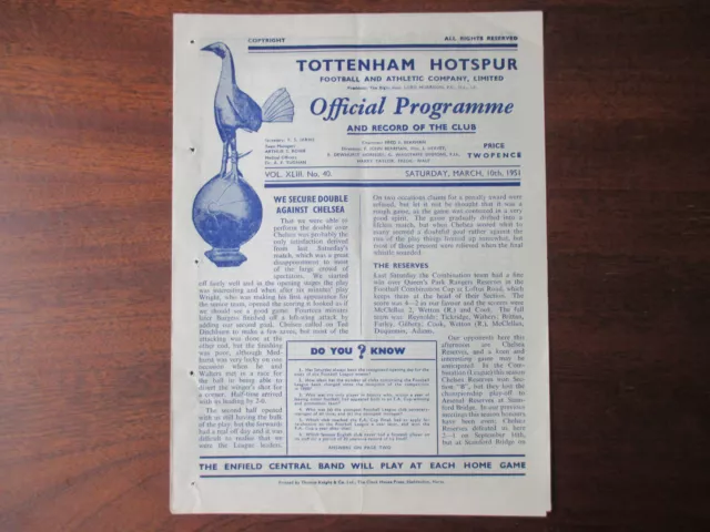 1951 Tottenham v Chelsea Reserves Spurs Div One champs season 1950/51 very rare