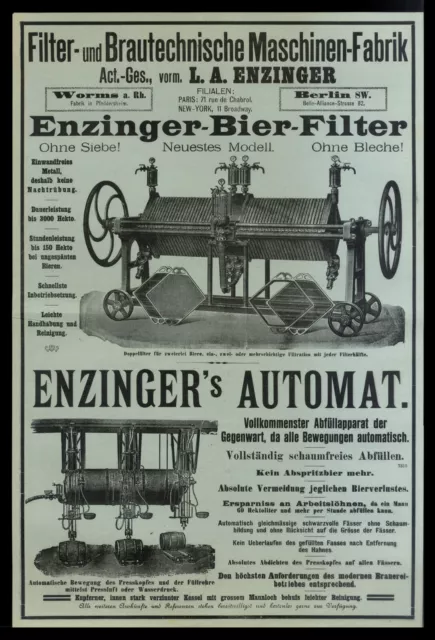 Riesige historische Anzeige 1904 Brautechnische Filter-Maschinen-Fabrik Enzinger