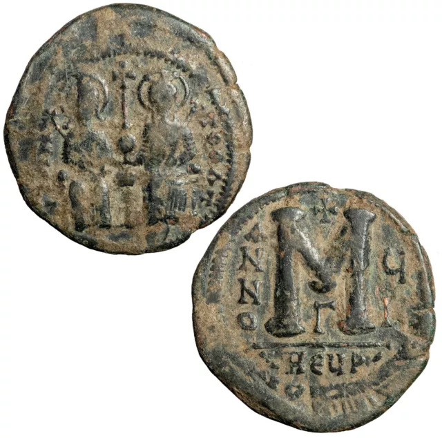 Byzantine follis of Justin II, emperor 565-578 CE, with Sophia.  Theoupolis.