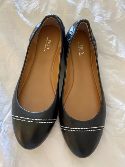 Polo Ralph Lauren Womens Round Toe Black Leather Ballet Flats Size 8.5 New