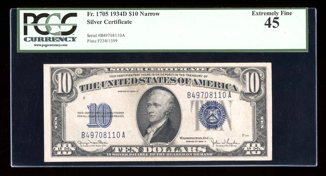 DBR 1934-D $10 Silver NARROW Fr. 1705N PCGS 45 Serial B49708110A