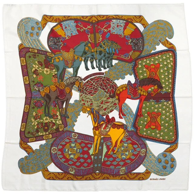 Hermes Carre 90 silk 100% scarf ART DES STEPPES white green multi color Ladies
