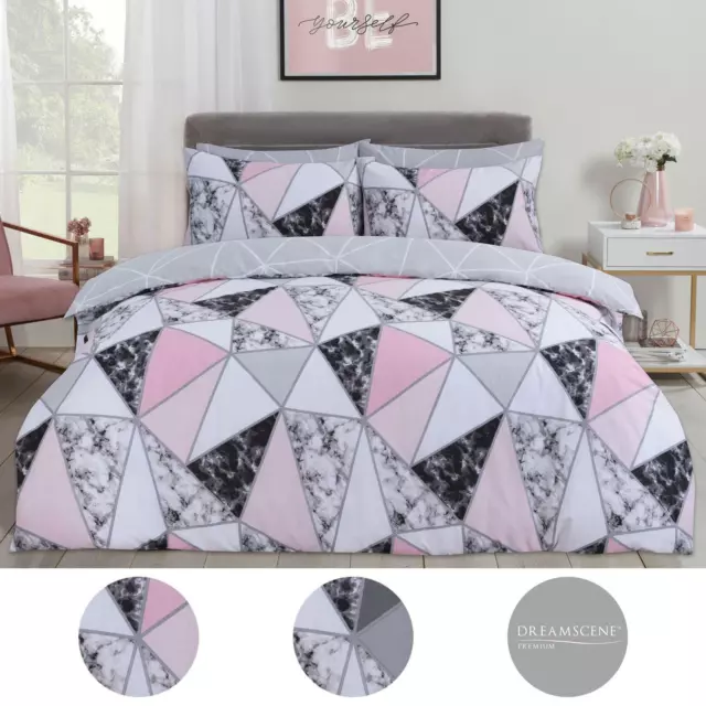 Dreamscene Marble Geometric Duvet Cover with Pillowcase Bedding Set Grey Blush