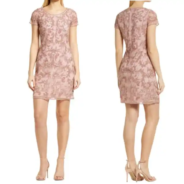 New Pisarro Nights Beaded Mesh Cocktail Dress in Dusty Pink Size 12