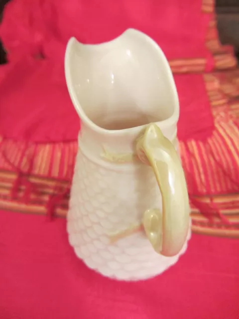 BELLEEK KILKENNY scale CREAM MILK JUG yellow lustre HANDLE 6th mark GREEN 2