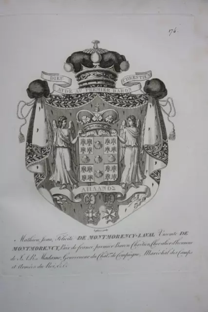 Gravure Blason Heraldique Vicomte Montmorency Laval Armoirie Restauration 1815