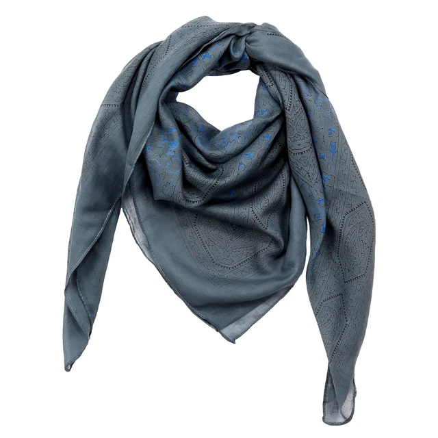 Sciarpa di cotone Modello dall'India 1 grigio nero fiori verdi foulard