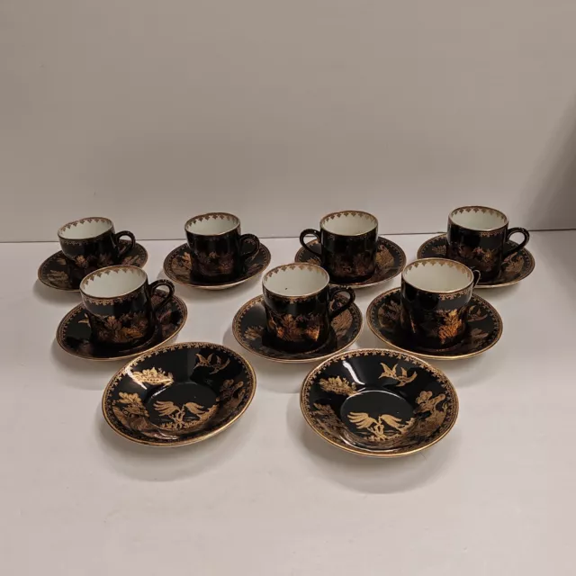 Rare Antique  Booths Silicon China Coffee Cans & Saucers Black & Gold Willow