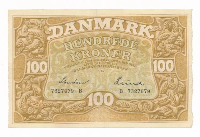 Denmark 100 Kroner 1943 Prefix B Sign: Svendsen &Lund P. 33 VF+ Note