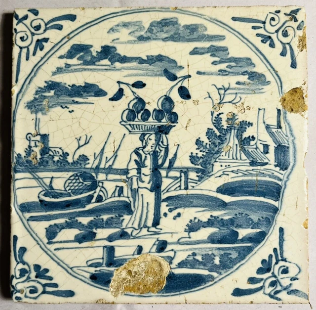 17th or 18th Century Dutch Blue and White Delft Tile - Fruit Basket Carrier 3 A8